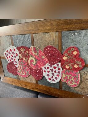 World Market Red, Pink and White Heart Beaded Patchwork Table Runner